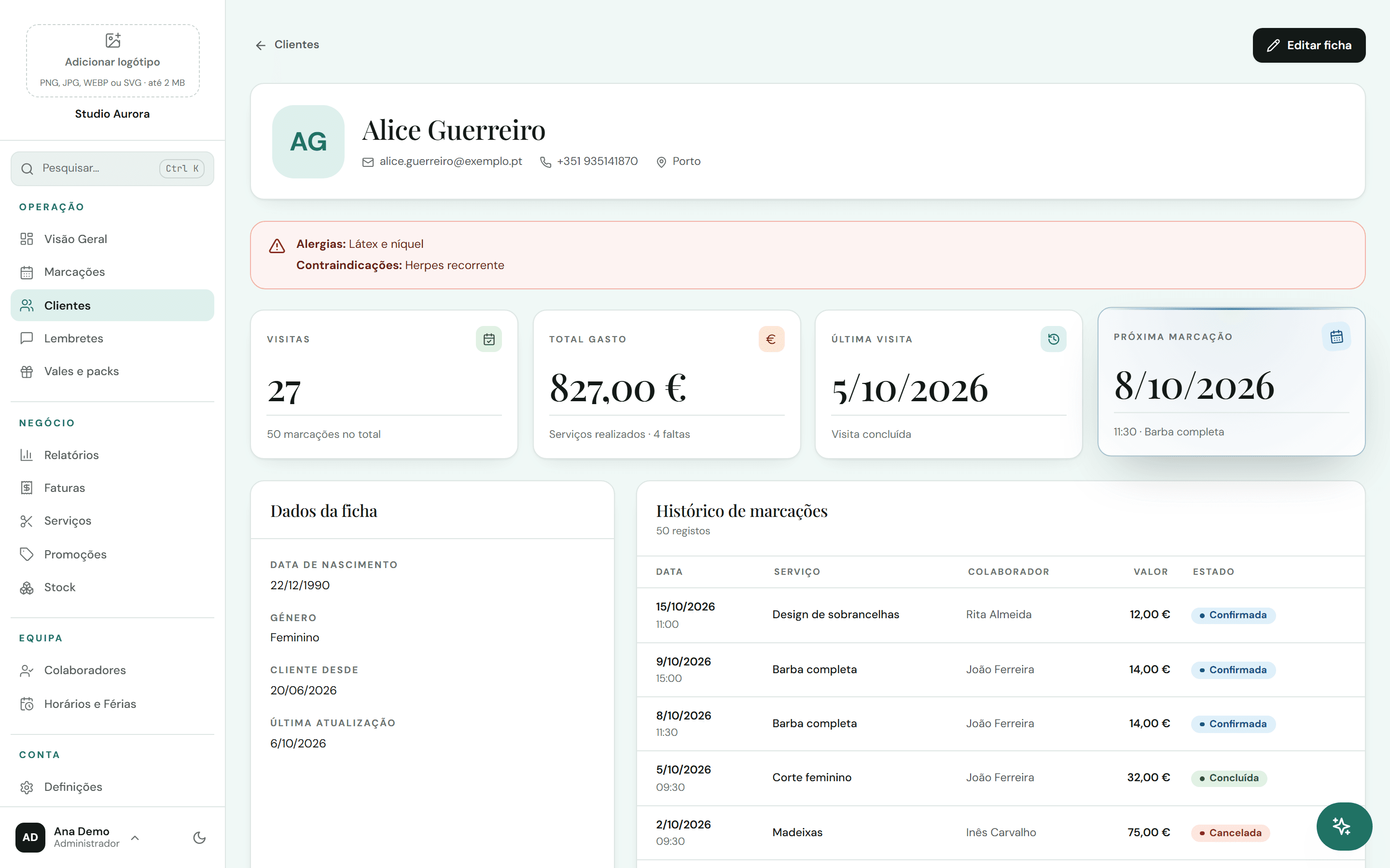 Ficha da cliente com alerta de alergias, visitas, total gasto e histórico