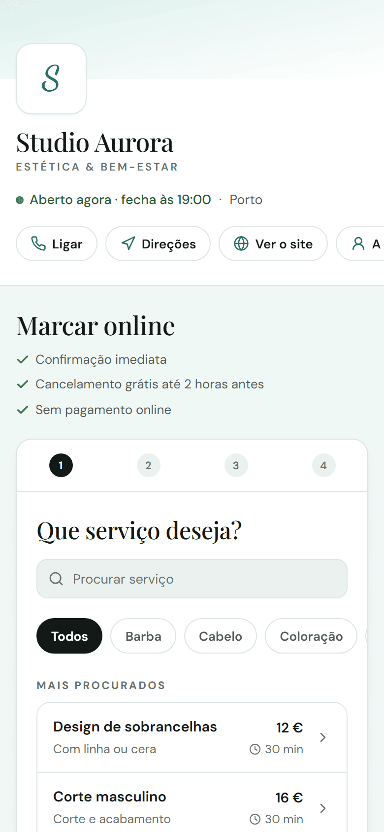 Página de marcação do salão no telemóvel, com horário, contactos e serviços